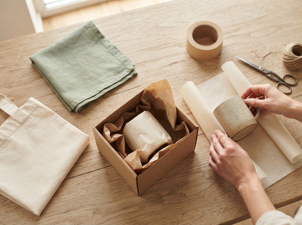 Hands wrap a speckled ceramic mug beside an open kraft-paper-filled box on a wooden table.