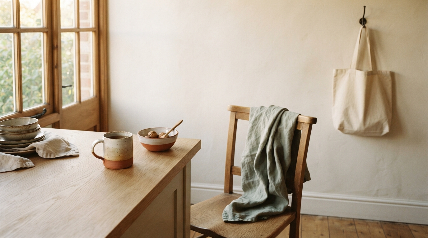 Sunlit dining area with a wooden table, ceramic dishes, a mug, chair draped in green cloth, and hanging tote bag.