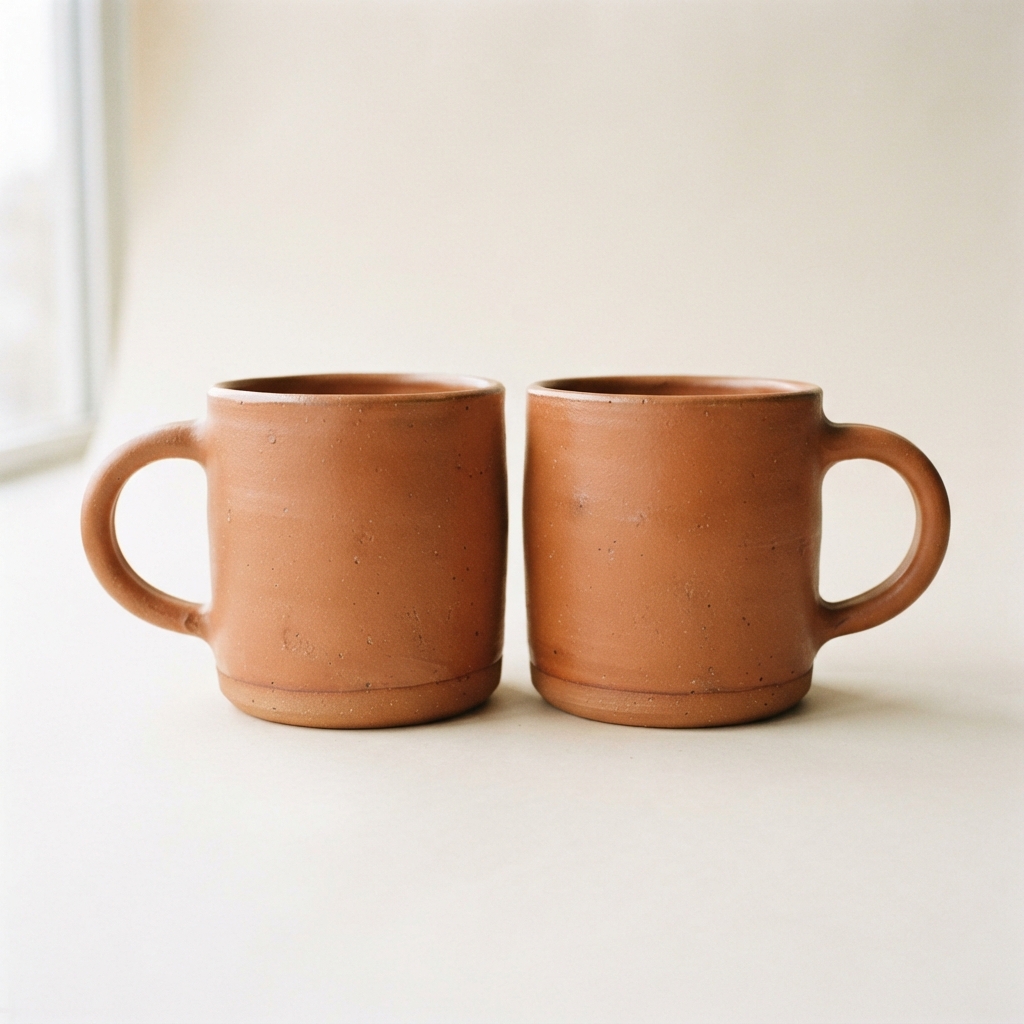 Two matching terracotta mugs sit side by side on a pale surface with handles facing outward.