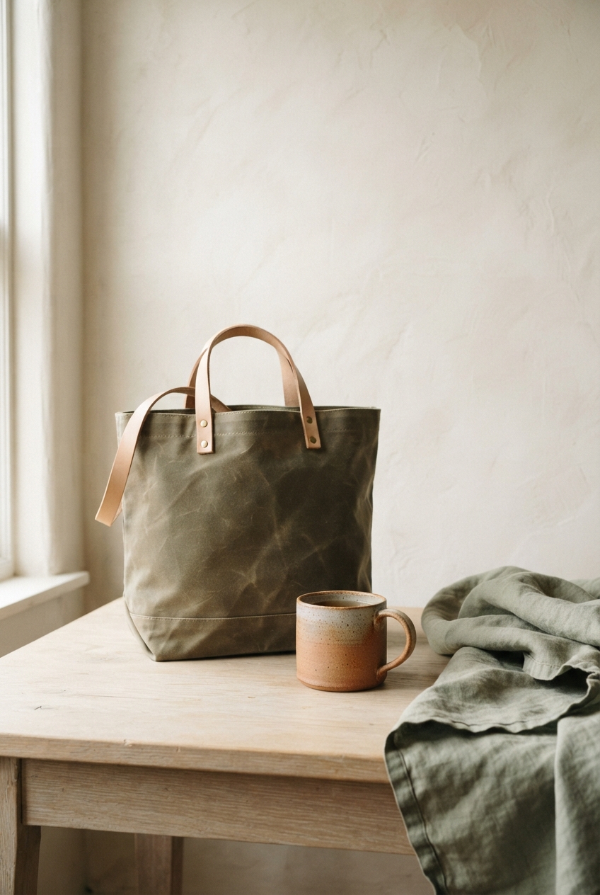 Olive canvas tote, earthy ceramic mug, and rumpled green fabric on a wooden table by a bright window.