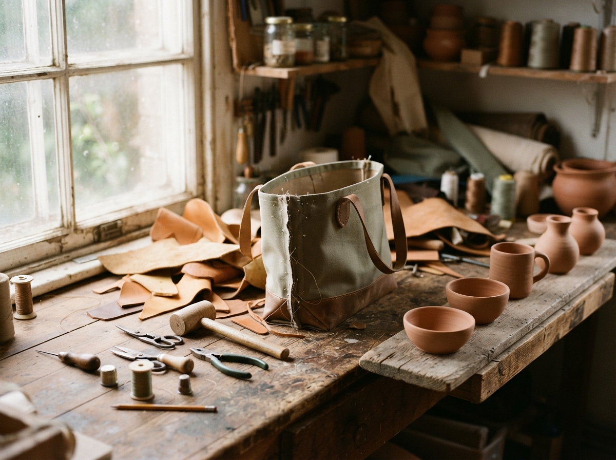 Rustic craft workshop with an unfinished canvas tote, leatherworking tools, leather scraps, and terracotta pottery.