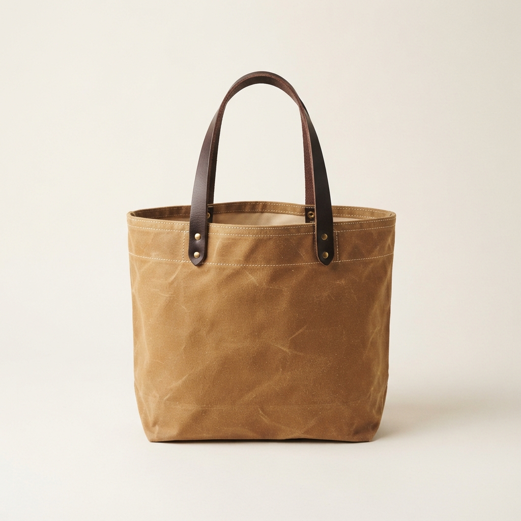 Tan canvas tote bag with dark brown leather handles on an off-white background.