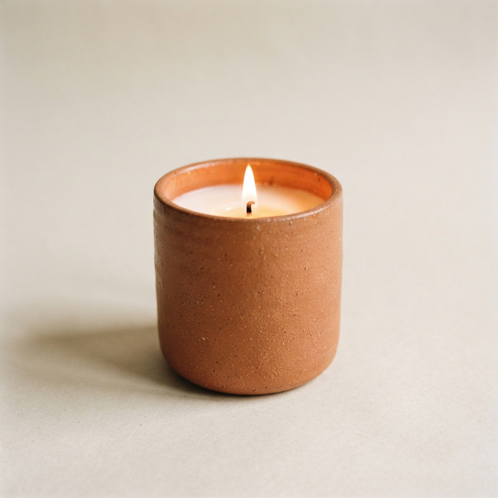 Lit candle in a speckled brown ceramic holder on a pale beige surface.