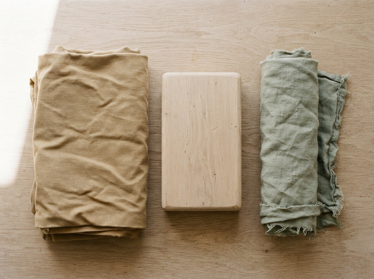 Beige and sage-green fabrics flank a small rectangular wooden board on a sunlit wood table.