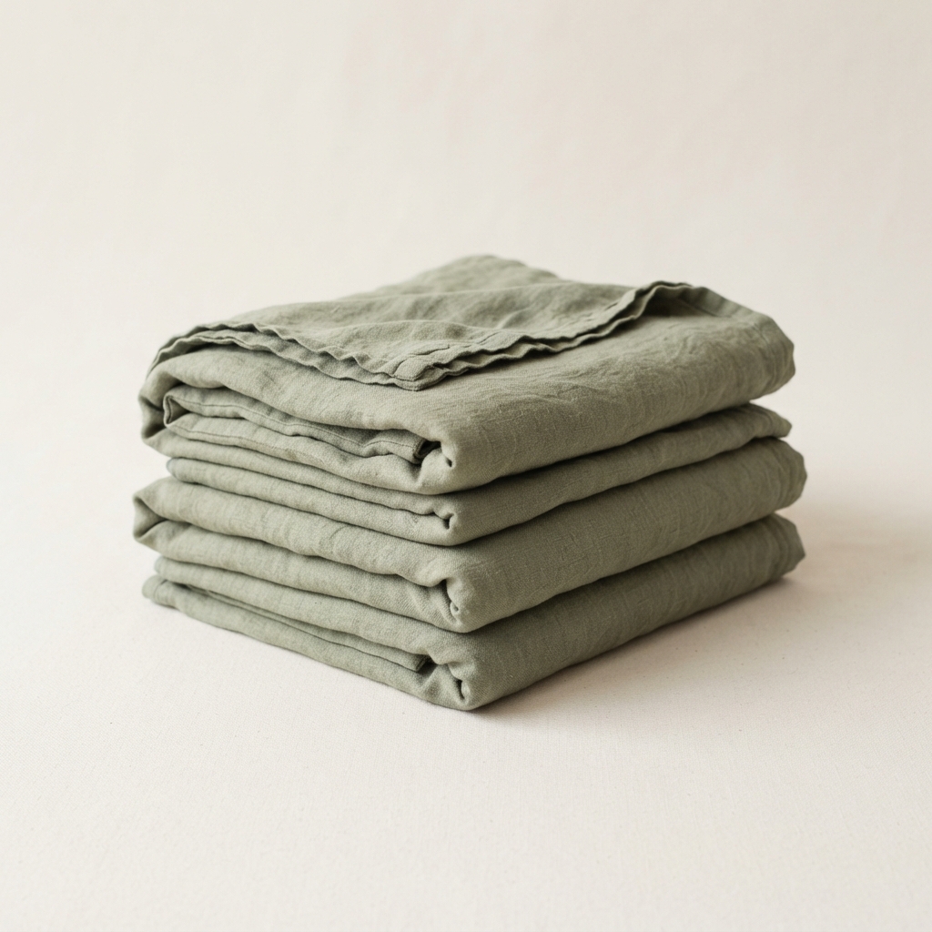 Stack of folded sage-green linen fabrics on a cream surface.